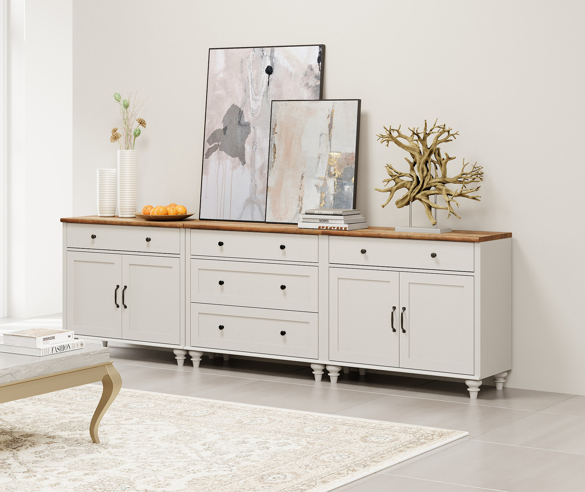 Charlton Home Sideboard Cabinet with 5 Drawers and 4 Doors Vintage Wood Grain Design Buffet Cabinet with Storage Coffee Bar for Dinning Room